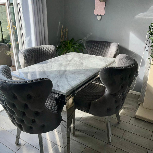 120cm Louis Marble Dining Table with 4 Valentino Knockerback Velvet Chairs