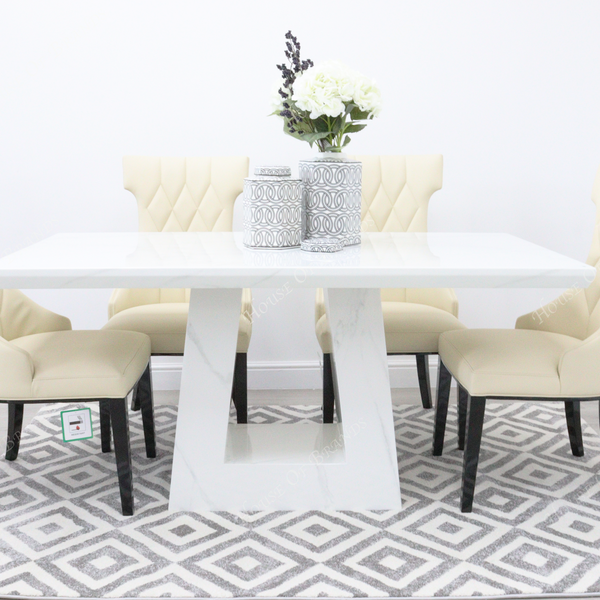 Milan White Marble Dining Table with 4 Mimi Cream Leather Dining Chairs