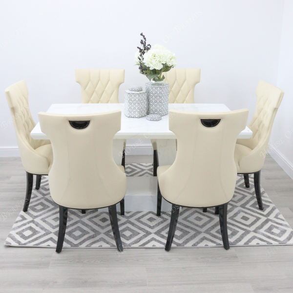 Milan White Marble Dining Table with 6 Mimi Cream Leather Dining Chairs