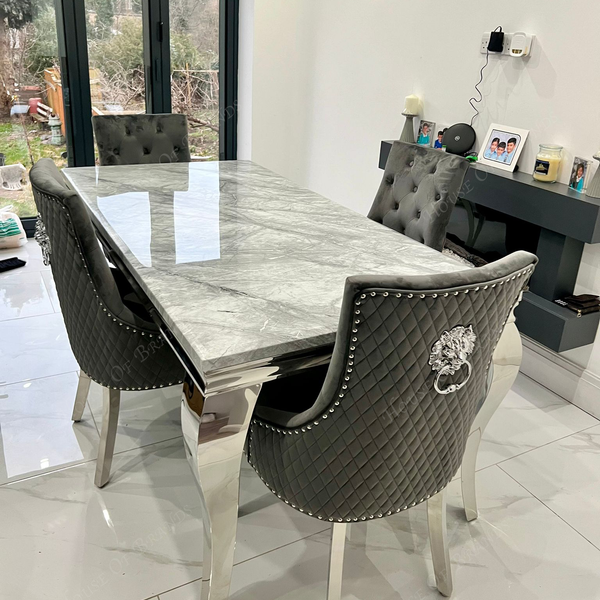 180cm Louis Marble Dining Table with 4 Majestic Knockerback Velvet Chairs