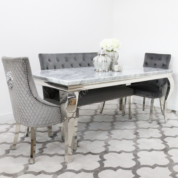 180cm Louis Marble Dining Table with 2 Majestic Knockerback Velvet chairs and Majestic High Back Velvet Bench