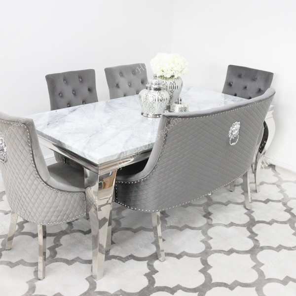 180cm Louis Marble Dining Table with 4 Majestic Knockerback Velvet chairs and Majestic High Back Velvet Bench
