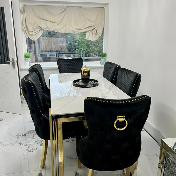 180cm Sorrento Rectangle Gold Ceramic Dining Table and Black Victoria Gold Dining Chairs