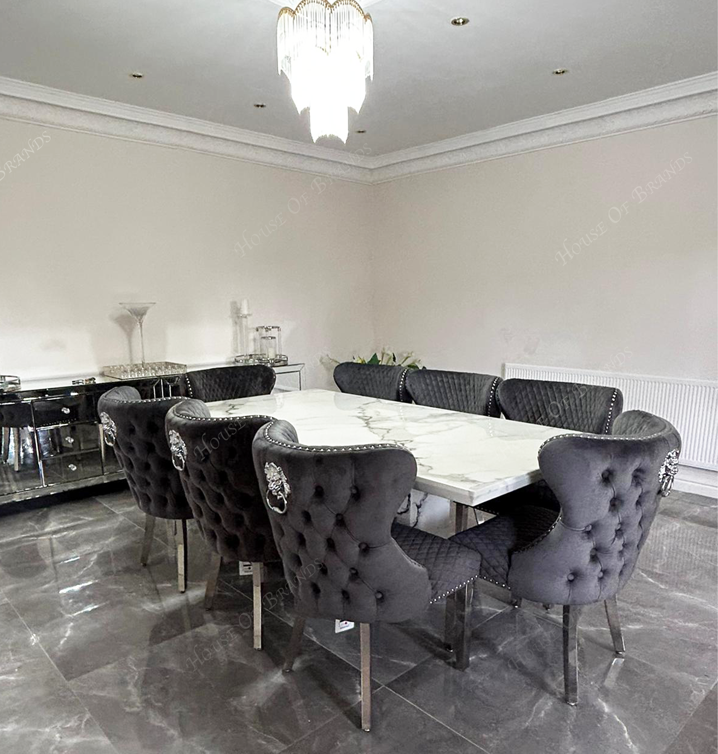 Naples White Marble Dining Table with Valentino Velvet Knockerback Dining Chairs