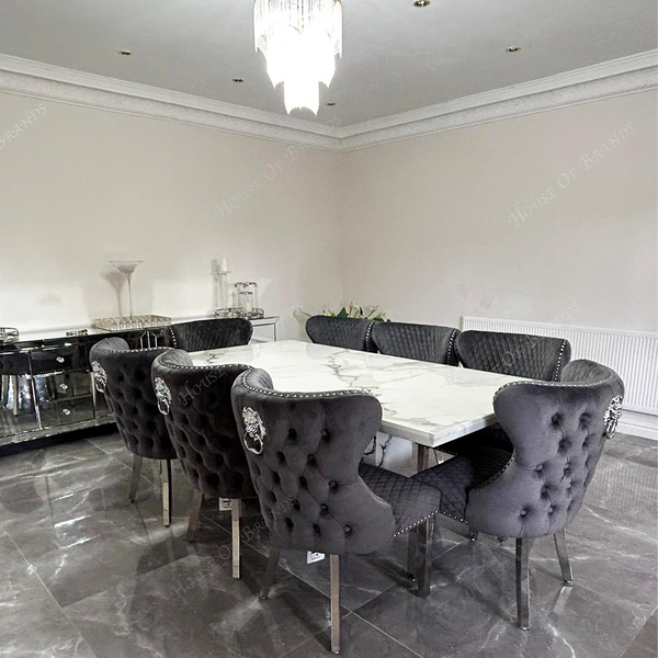 Naples White Marble Dining Table with Valentino Velvet Knockerback Dining Chairs
