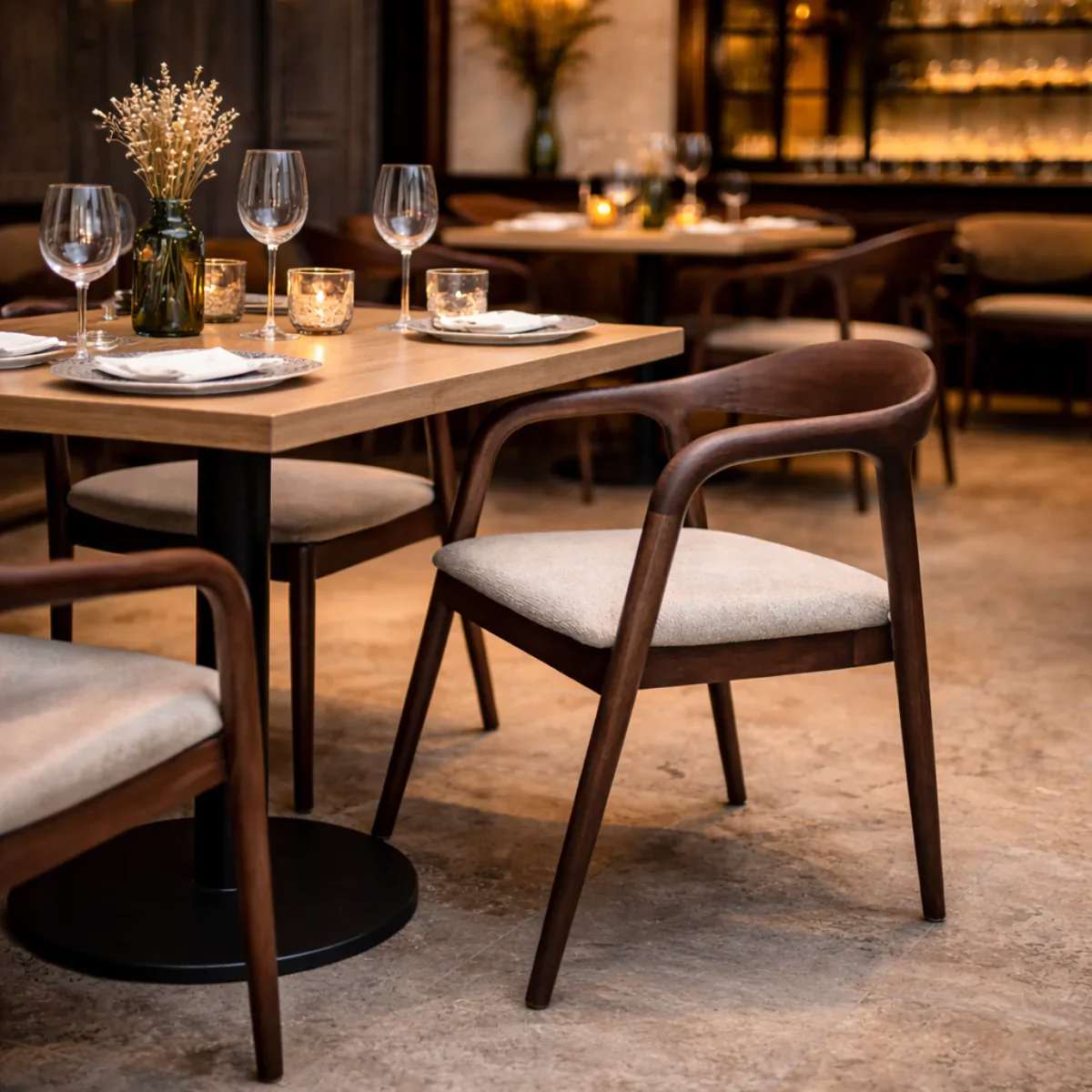 Tessa Walnut Dark Wooden Ivory Boucle Fabric Dining Chairs - Pairs