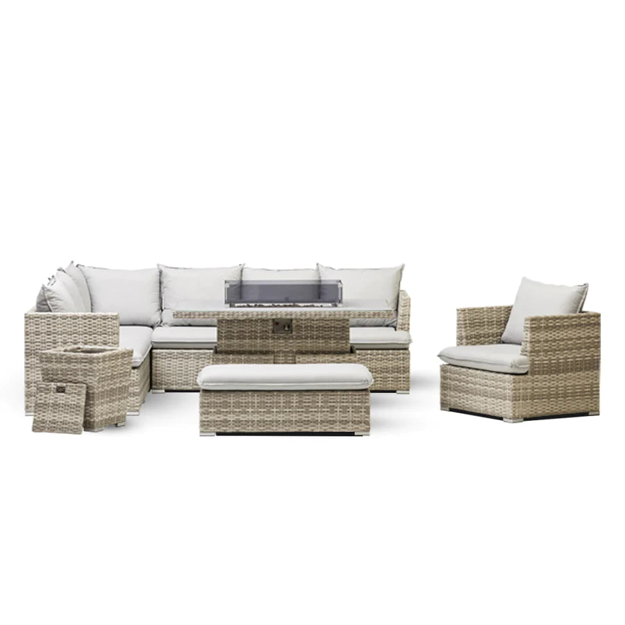 Asha Outdoor Corner Rising Dining Set With Firepit And Ice Bucket