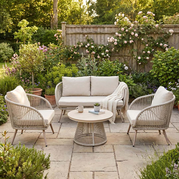 Arlo 4 Seater Garden Lounge Set with Coffee Table – Natural Grey Wicker Outdoor Sofa Set