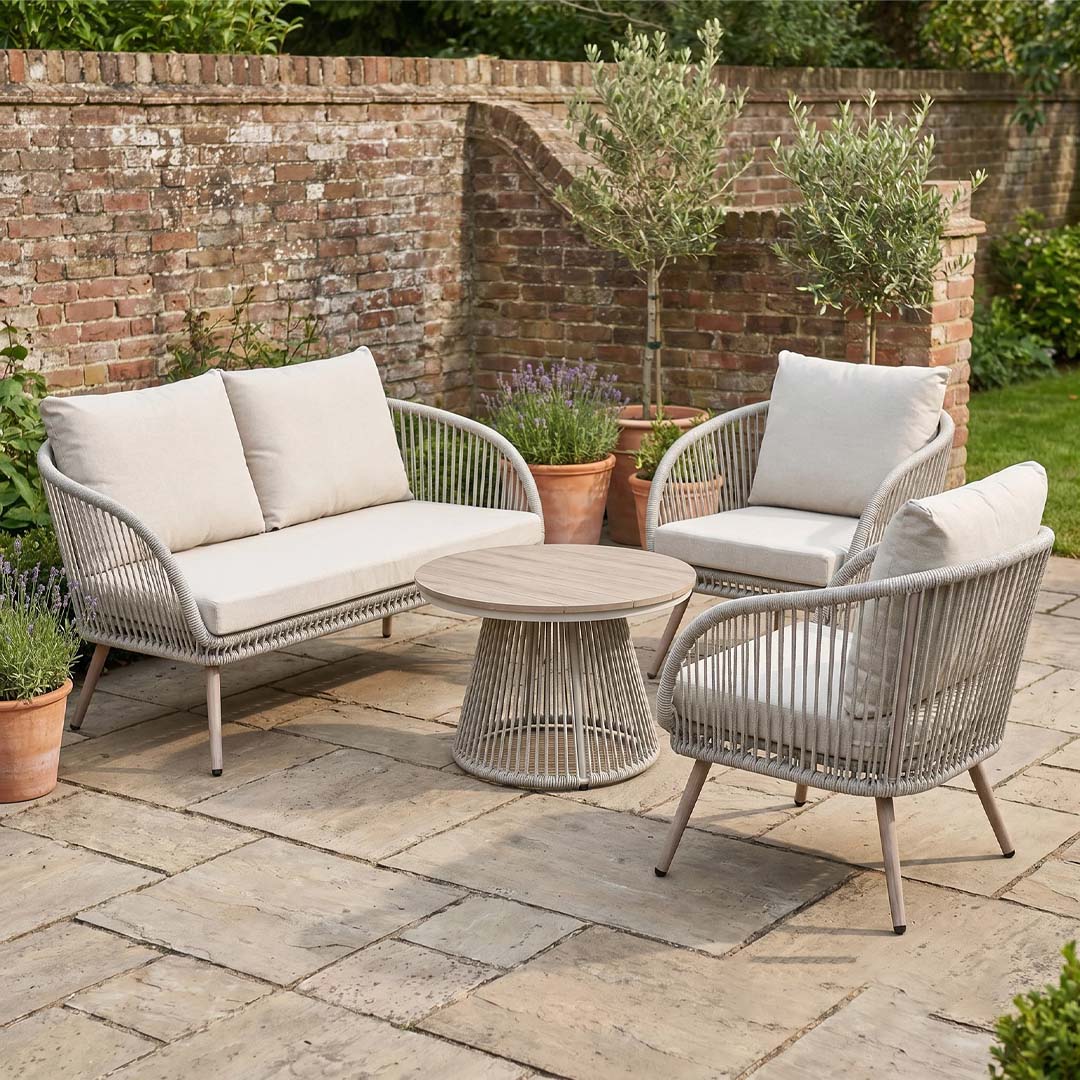 Arlo 4 Seater Garden Lounge Set with Coffee Table – Natural Grey Wicker Outdoor Sofa Set