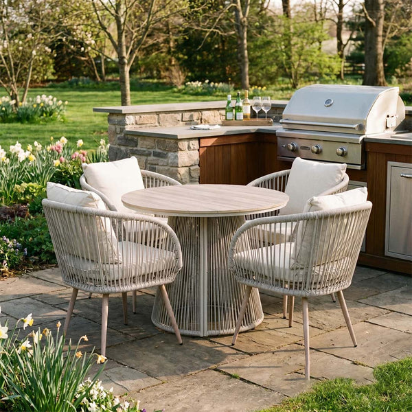 Arlo 4 Seater Garden Dining Set with Round Table – Natural Grey Wicker Outdoor Dining Furniture