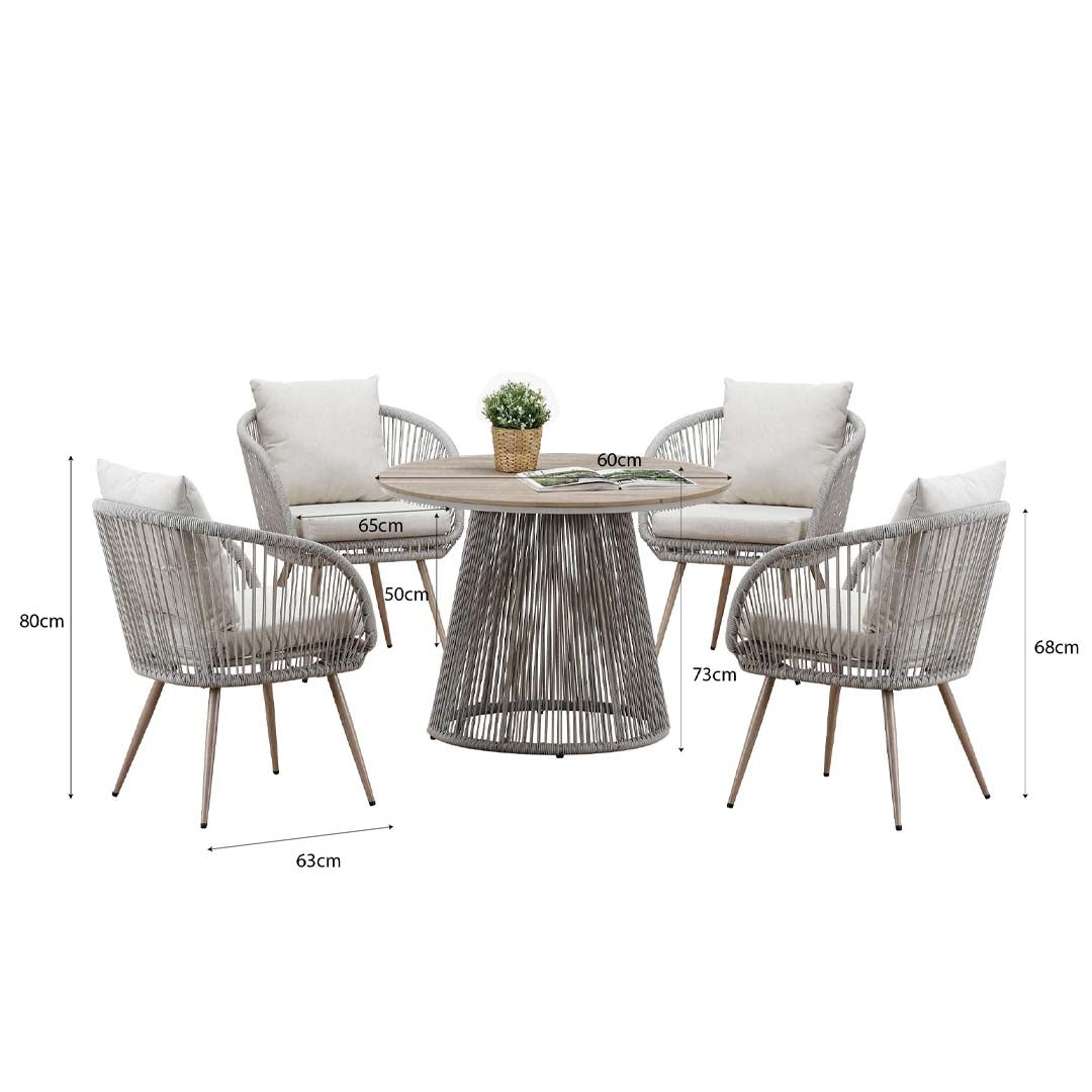 Arlo 4 Seater Garden Dining Set with Round Table – Natural Grey Wicker Outdoor Dining Furniture