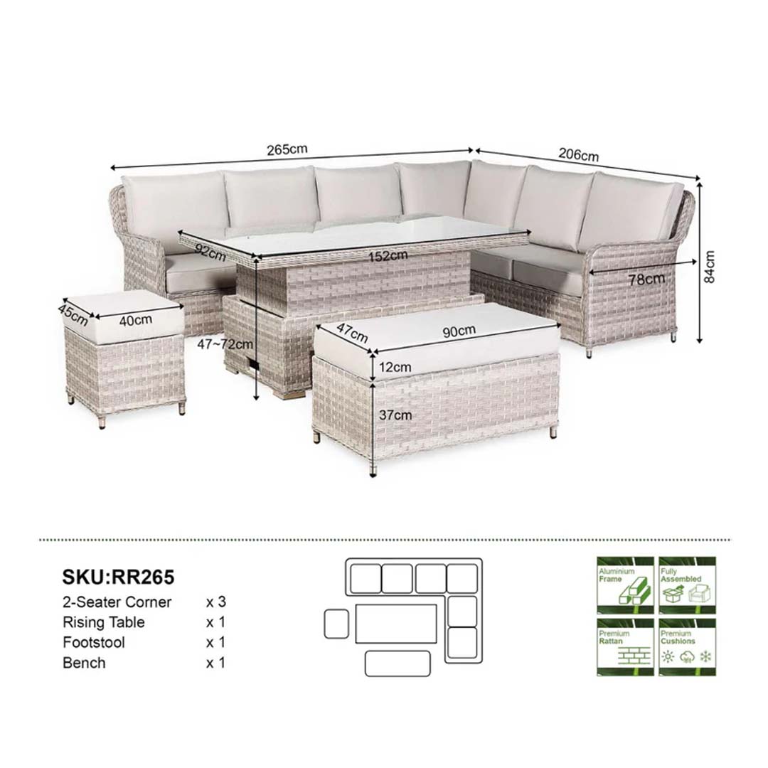 Monaco Luxe Large Left-Hand Corner Dining Set with Rising Fire Pit Table