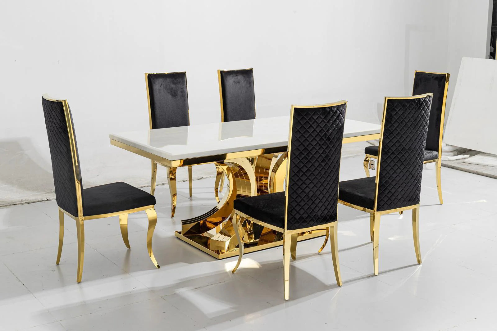 Aura Gold White Marble Gold Dining Table Set With Gold Flora Chairs