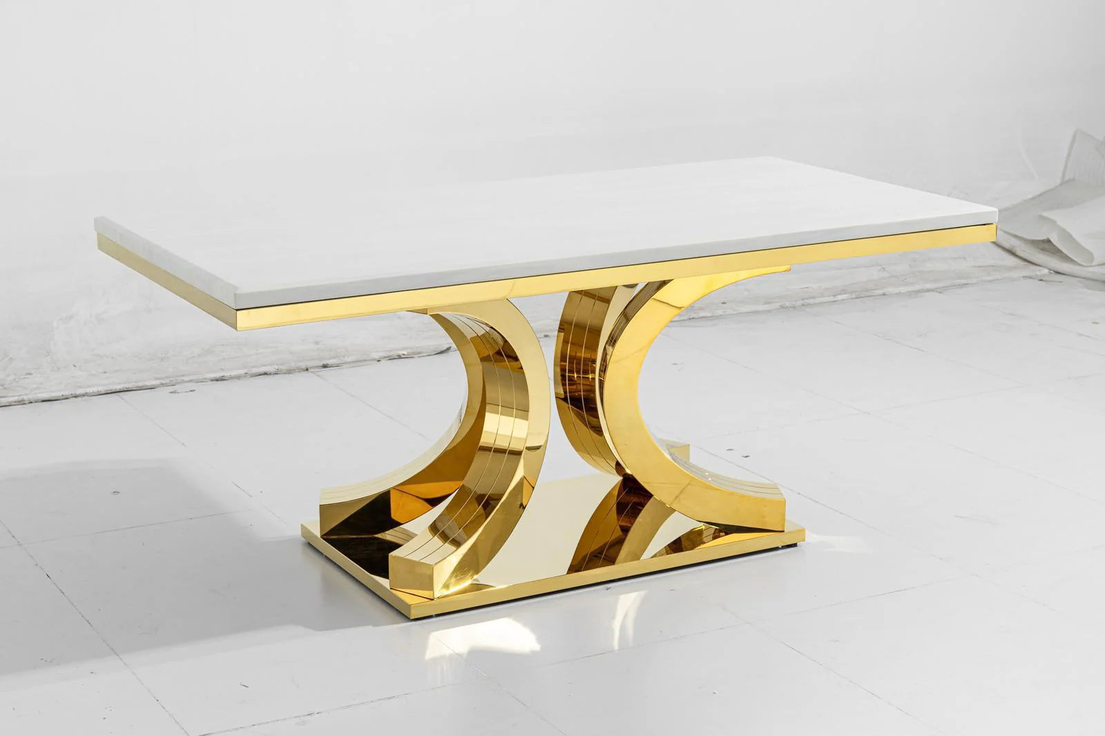 Aura Gold White Marble DIningTable With White Samara Gold Chairs