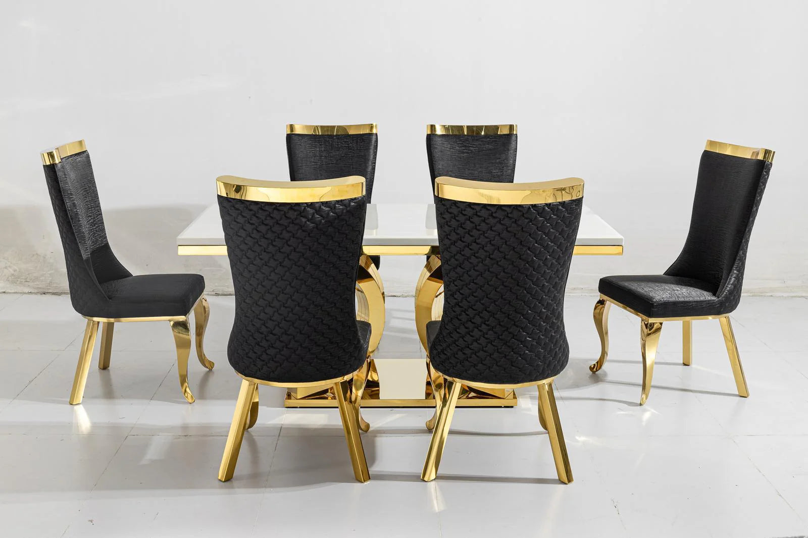 Aura Gold White Marble DIningTable With White Samara Gold Chairs