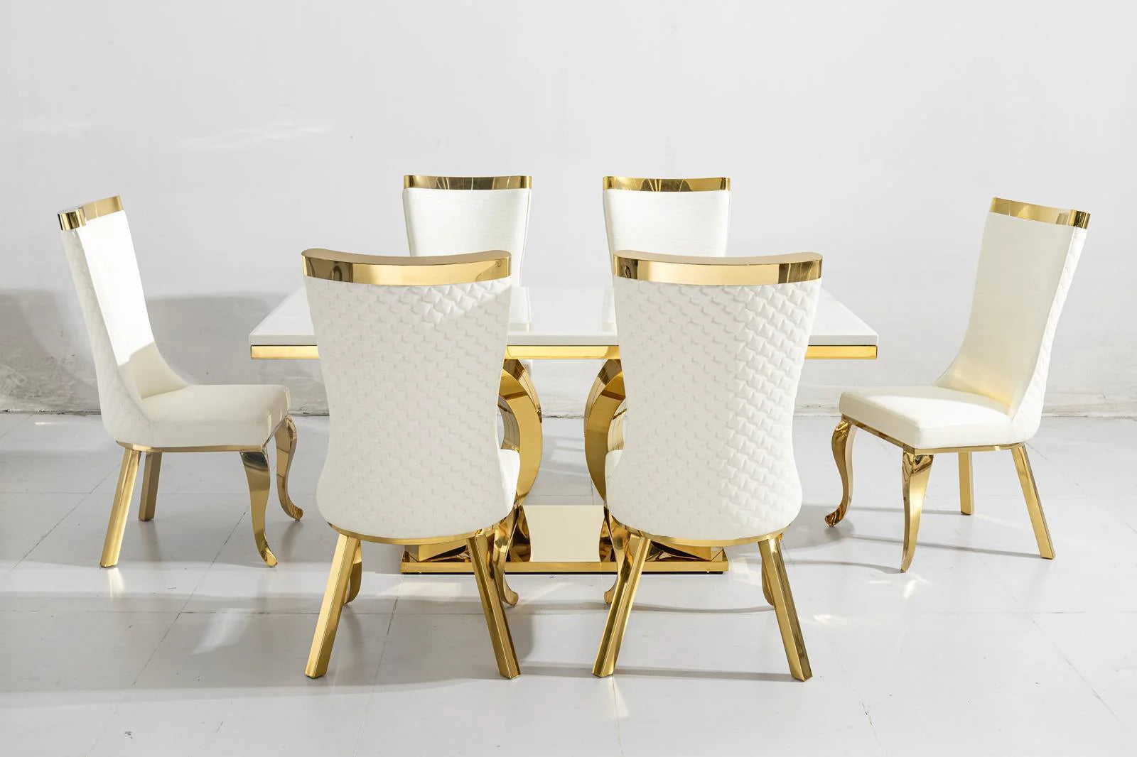 Aura Gold White Marble DIningTable With White Samara Gold Chairs