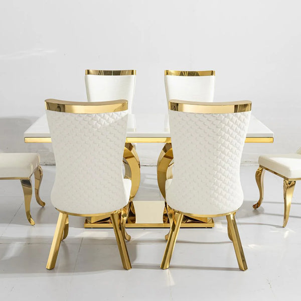 Aura Gold White Marble DIningTable With White Samara Gold Chairs