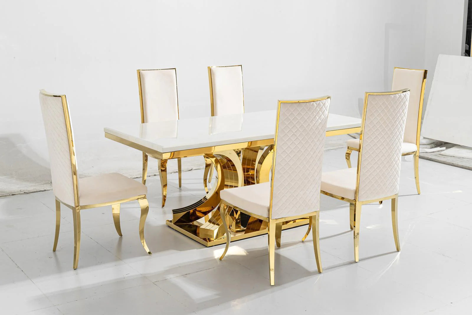 Aura Gold White Marble Gold Dining Table Set With Gold Flora Chairs