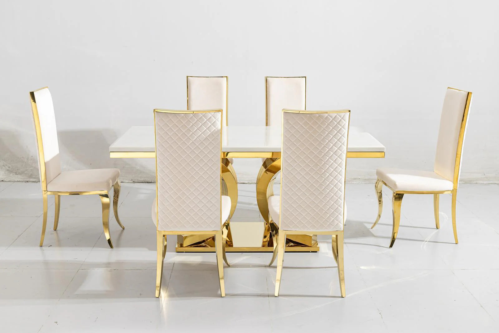 Aura Gold White Marble Gold Dining Table Set With Gold Flora Chairs