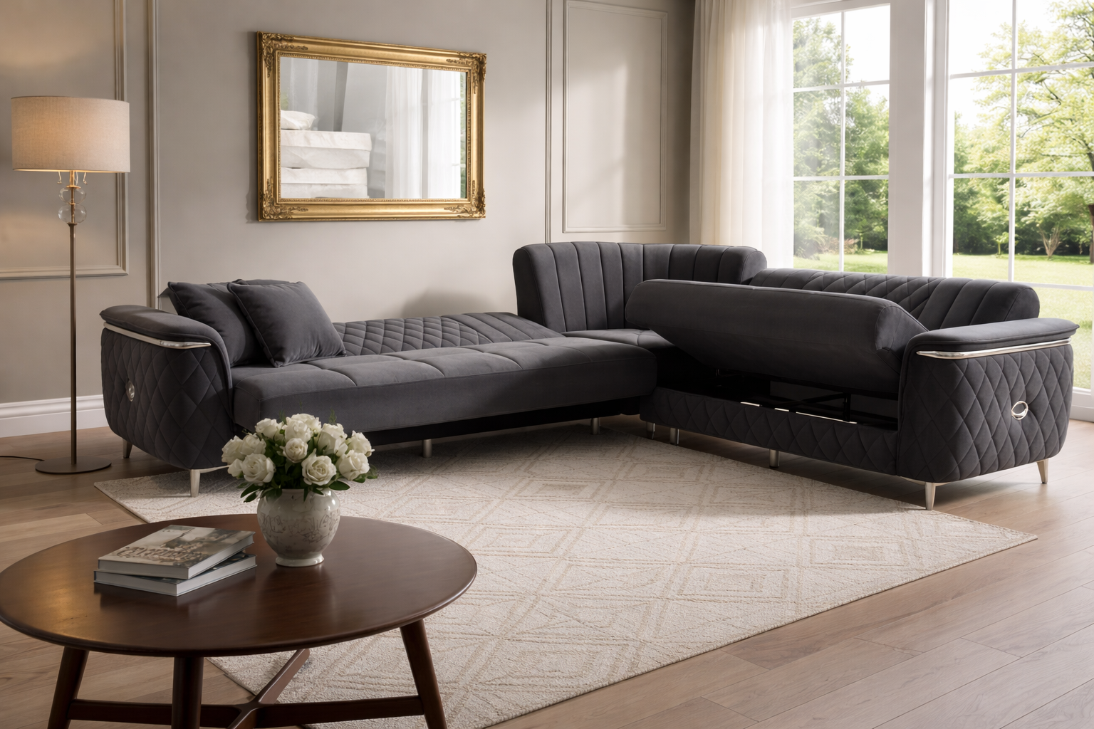 Milana Dark Grey Corner Turkish Sofa Bed – L-Shape Sofa Bed with Storage