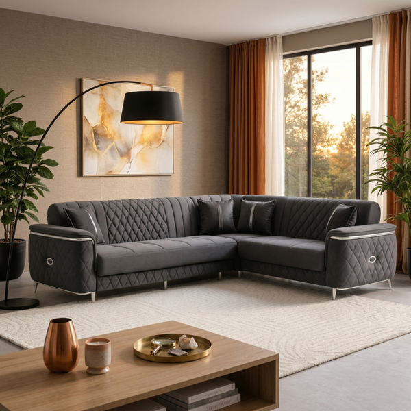 Milana Dark Grey Corner Turkish Sofa Bed – L-Shape Sofa Bed with Storage