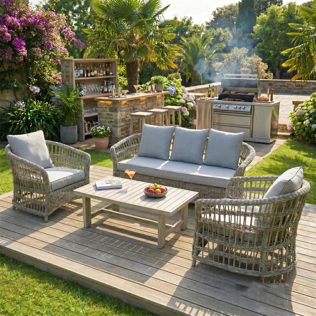 Bergen 5 Seater Rattan Garden Sofa Set with Acacia Wood Coffee Table