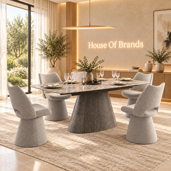 Monaco Grey 160–240cm Extending Ceramic Marble Dining Table Set with Grey Velvet 360° Swivel Chairs