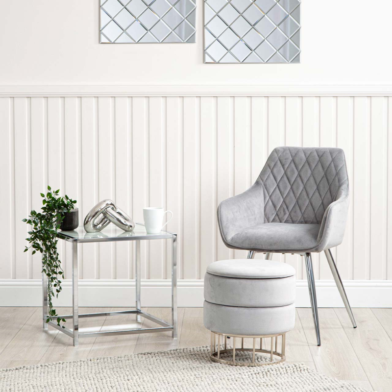 Grey Shell Chair With Silver Legs Grey Round Storage Stool