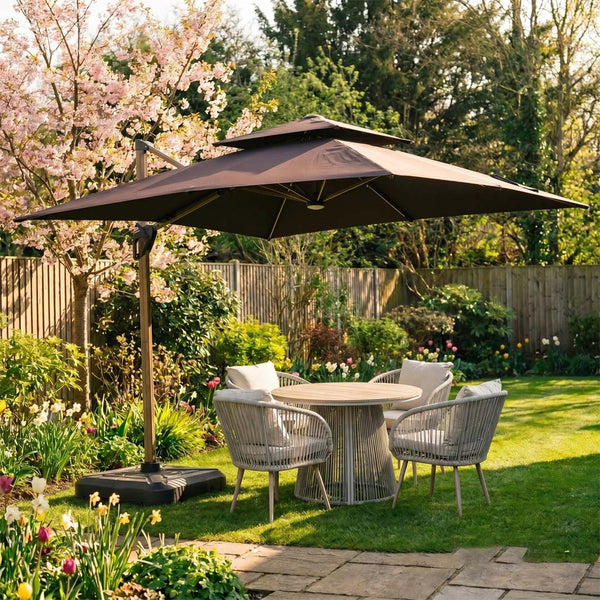 Solara 3m Square Cantilever Parasol with Solar LED Lights – Coffee Brown
