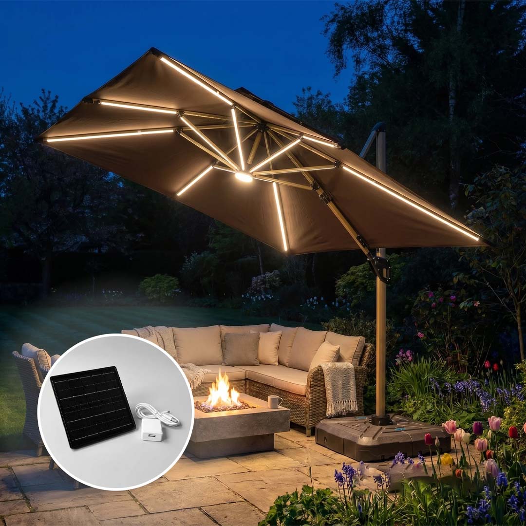 Solara 3m Square Cantilever Parasol with Solar LED Lights – Coffee Brown or Khaki Beige