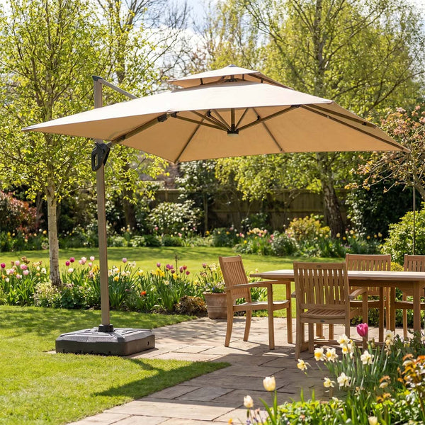 Solara 3m Square Cantilever Parasol with Solar LED Lights – Coffee Brown or Khaki Beige