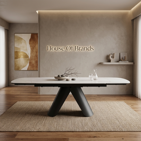 Carrera White Ceramic Marble Side Extending Dining Table