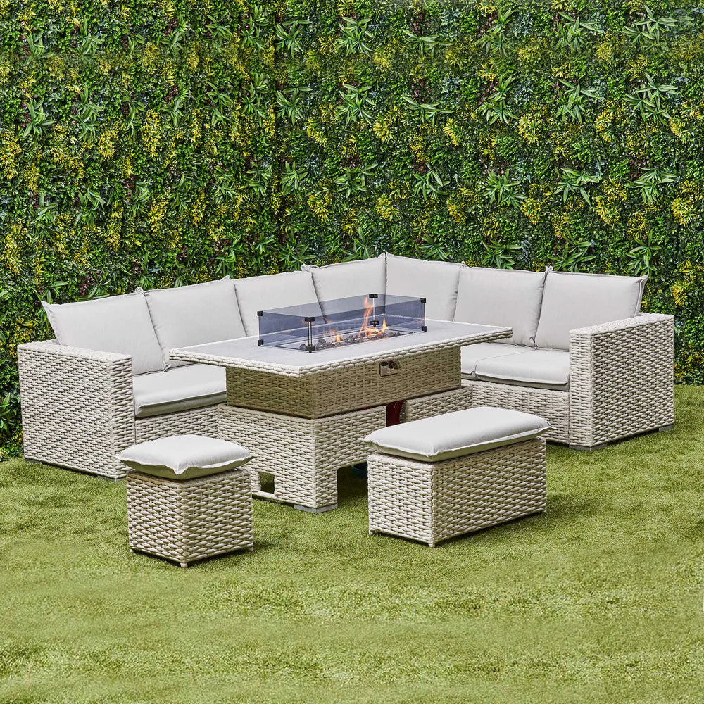 Chakra Rattan Corner Dining Set with Fire Pit – Beige