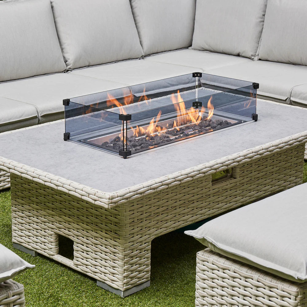 Chakra Rattan Corner Dining Set with Fire Pit – Beige