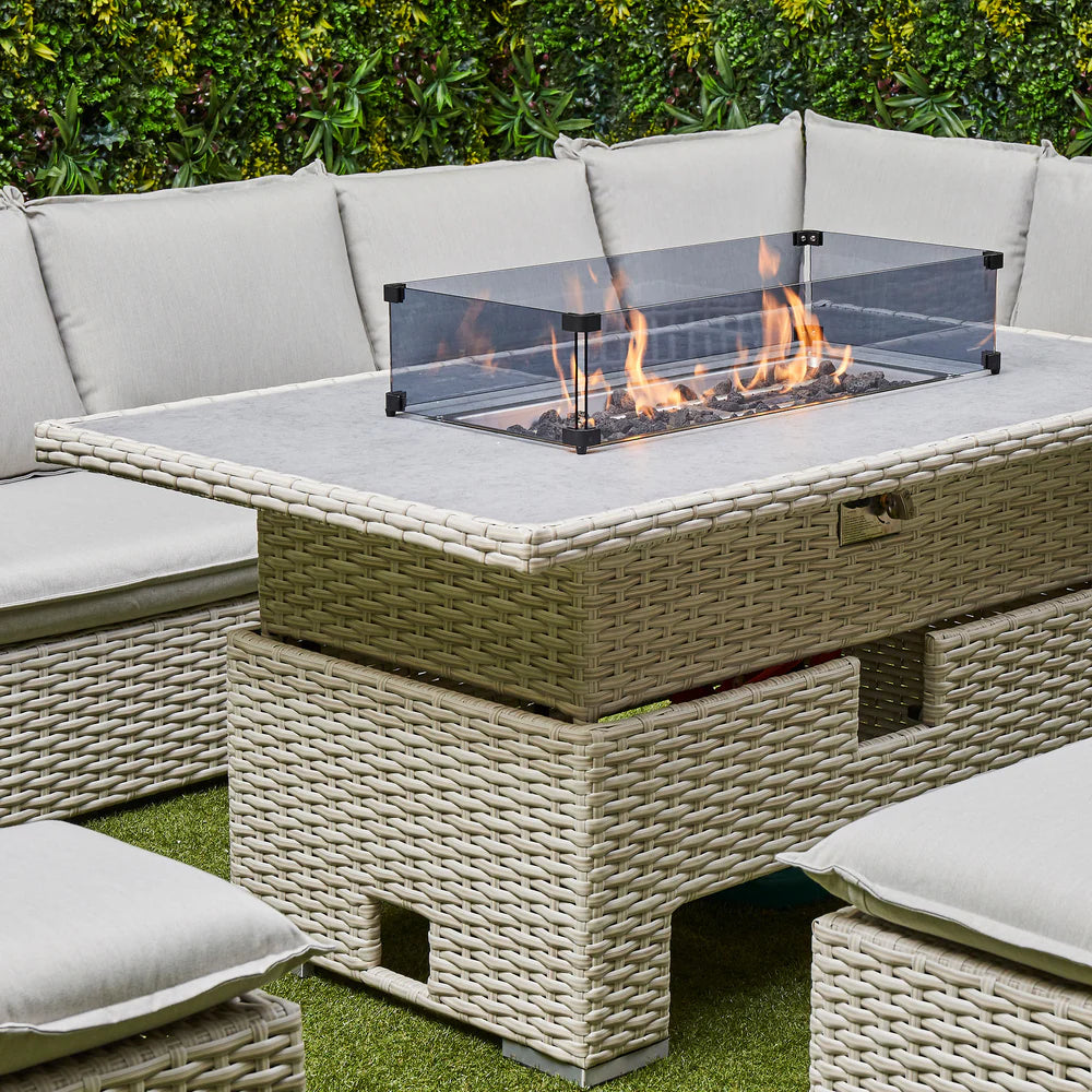 Chakra Rattan Corner Dining Set with Fire Pit – Beige