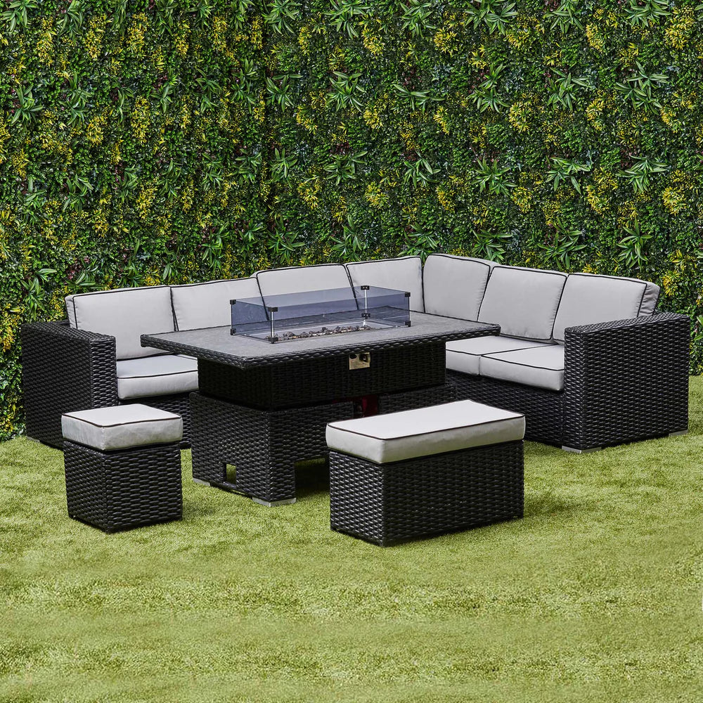Chakra Rattan Corner Dining Set with Fire Pit – Black