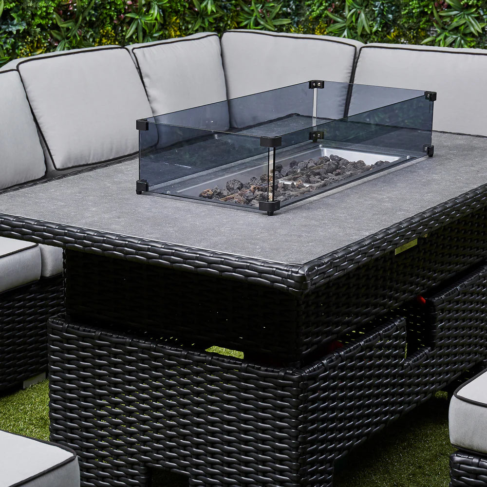 Chakra Rattan Corner Dining Set with Fire Pit – Black