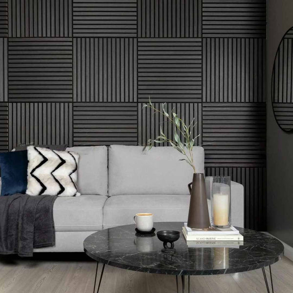 Acoustic Square 3D Slatted Wall Panels – Charcoal Black Finish (Pack of 4 – 60 x 60cm Each)