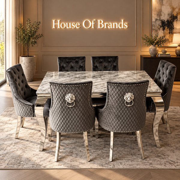 150cm Louis Marble Dining Table with 6 Majestic Knockerback Chairs