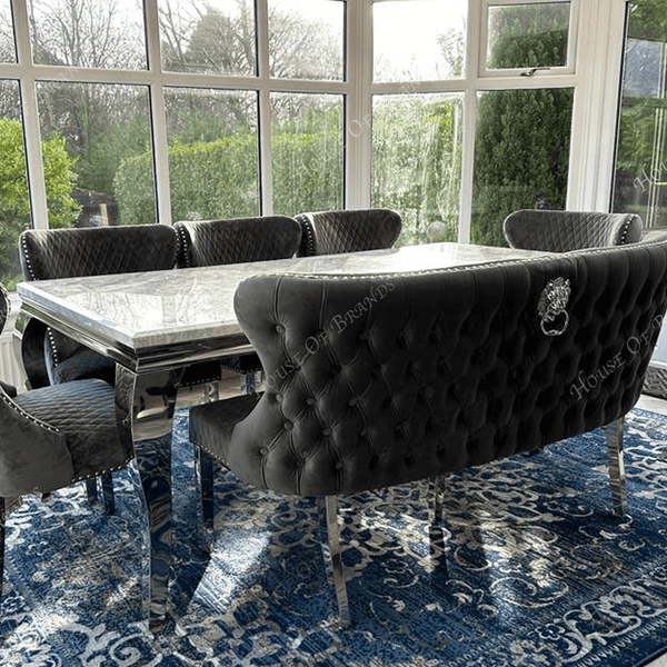 200cm Louis Marble Dining Table with 5 Valentino Knockerback Velvet chairs and Valentino Velvet Bench