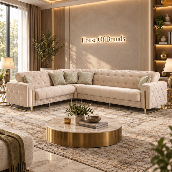 Puntoh Cream & Gold Corner Sofa Bed with Storage