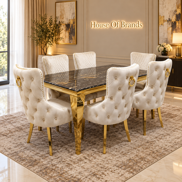 Black & Gold Louis Marble Dining Table & Cream Victoria Knockerback Chairs
