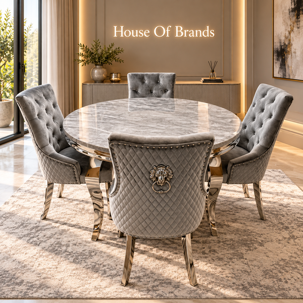 130cm Round Louis Marble Dining Table with 4 Majestic Velvet Knockerback Chairs