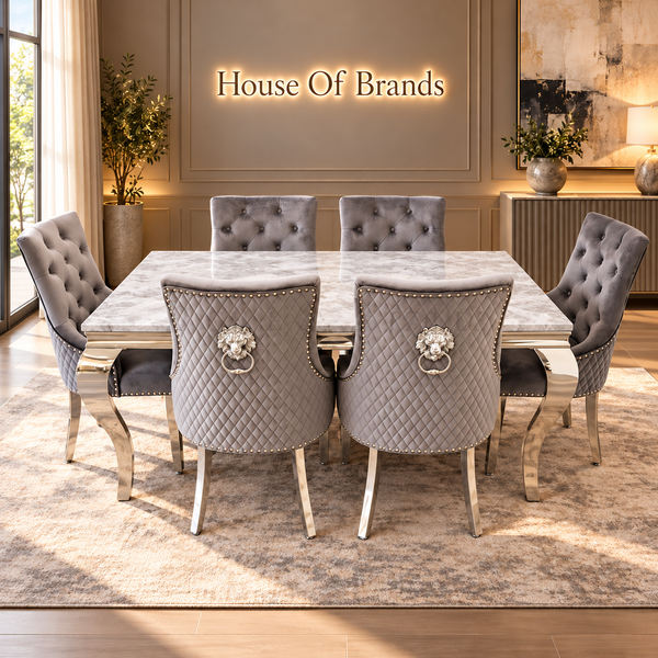 180cm Louis Marble Dining Table with 6 Majestic Knockerback Velvet chairs