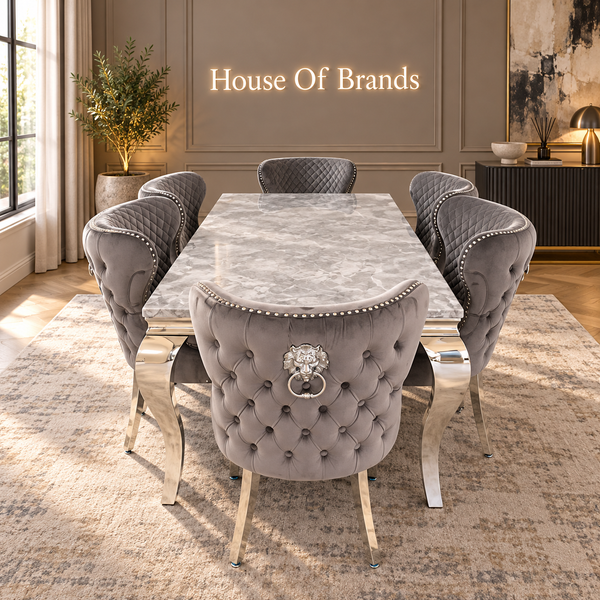 180cm Louis Marble Dining Table with 6 Valentino Velvet Knockerback Chairs