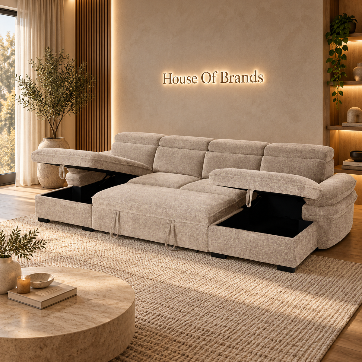 Billie Beige Large U Shaped Sofa Bed with Lift Up Storage