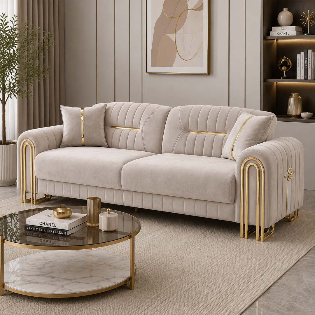 Focus Cream & Gold Sofa Set