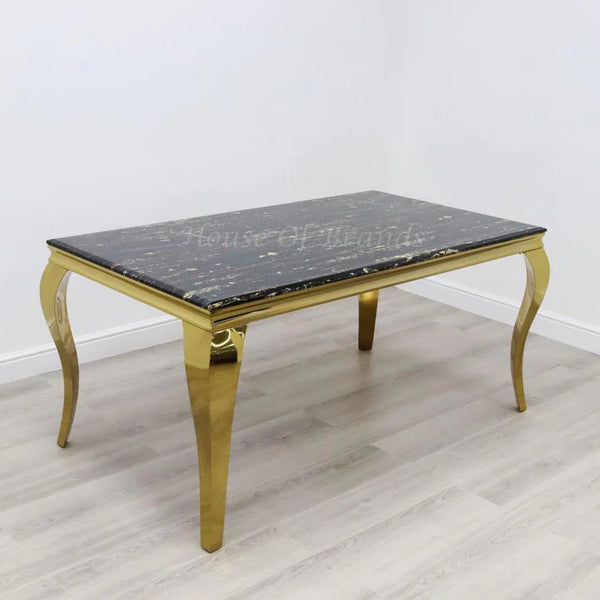 160cm black and gold Rome marble dining table with 4 black and gold Madrid lion chairs and Madrid bench with gold legs