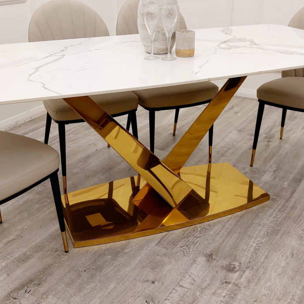 Valeo Gold 180cm Sintered Stone Dining Table With Polar White Top + Etta Beige PU Leather Dining Chairs