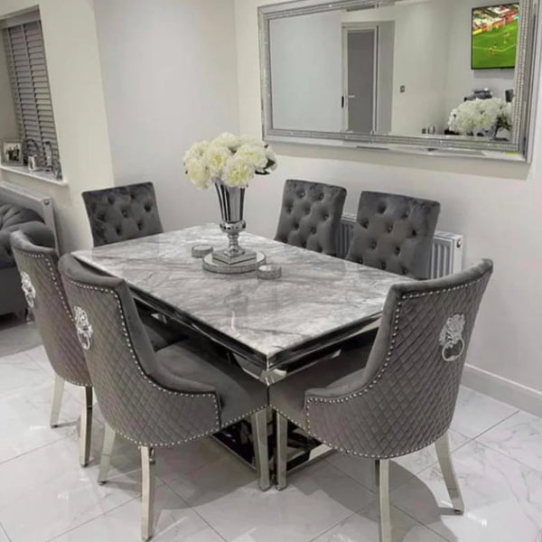 Arial Marble Dining Table and 6 Majestic Knockerback Velvet Chairs